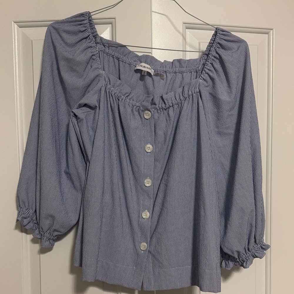 Calvin Klein Blue Pinstripe Blouse
